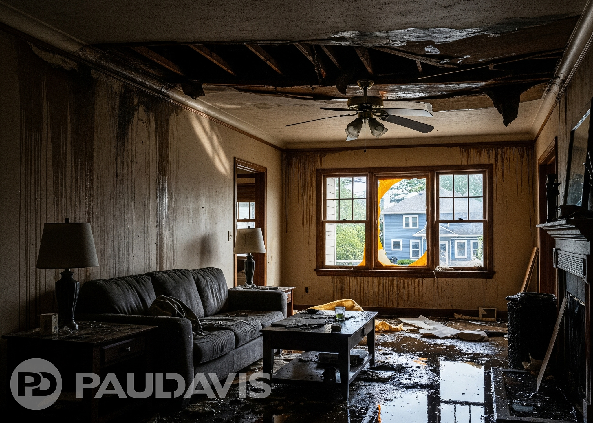 Living room with severe water damage from the ceiling to the floors